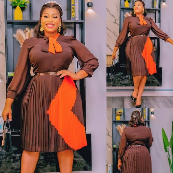Dresses & Skirts - NWT - Brown/Orange Color Block Pleated Dress